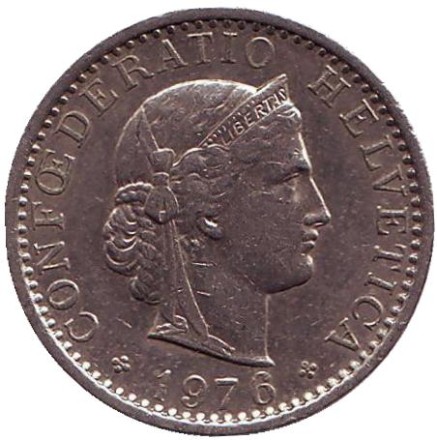 Монета 20 раппенов. 1976 год, Швейцария.