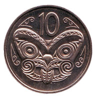 Монета 10 центов. 1980 год, Новая Зеландия. UNC. Маска маори. Монета 10 центов. 1980 год, Новая Зеландия. UNC. Маска маори.