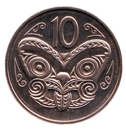 Монета 10 центов. 1980 год, Новая Зеландия. UNC. Маска маори.