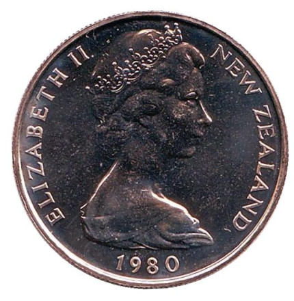 Монета 10 центов. 1980 год, Новая Зеландия. UNC. Маска маори.