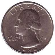 Монета 25 центов. 1988 (D) год, США. Вашингтон. Монета 25 центов. 1988 (D) год, США. Вашингтон.