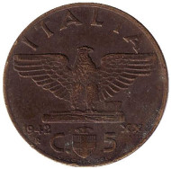 Монета 5 чентезимо. 1942 год, Италия. Орёл. Виктор Эммануил III. Монета 5 чентезимо. 1942 год, Италия. Орёл. Виктор Эммануил III.