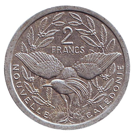 Монета 2 франка. 1989 год, Новая Каледония. Птица кагу.