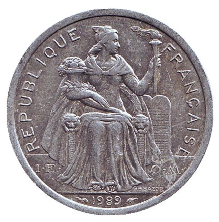 Монета 2 франка. 1989 год, Новая Каледония. Птица кагу. Монета 2 франка. 1989 год, Новая Каледония. Птица кагу.