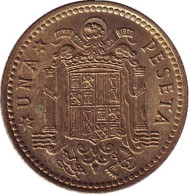 Монета 1 песета. 1966 год, Испания. (75 внутри звезды). Монета 1 песета. 1966 год, Испания. (75 внутри звезды).