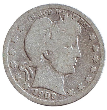 Монета 25 центов. 1909 год, США. (Отметка монетного двора: "D") "Четверть доллара Барбера".