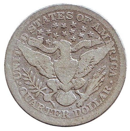 Монета 25 центов. 1909 год, США. (Отметка монетного двора: "D") "Четверть доллара Барбера".