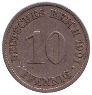 Монета 10 пфеннигов. 1901 год (A), Германская империя. Монета 10 пфеннигов. 1901 год (A), Германская империя.