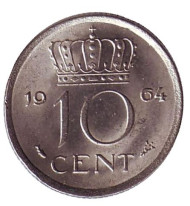 Монета 10 центов. 1964 год, Нидерланды. Монета 10 центов. 1964 год, Нидерланды.