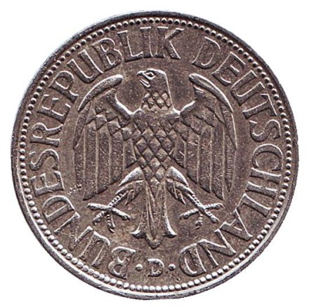 Монета 1 марка. 1963 год (D), ФРГ. Монета 1 марка. 1963 год (D), ФРГ.