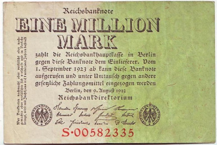 Рейхсбанкнота 1 миллион марок. 1923 год, Веймарская республика. Тип 1.