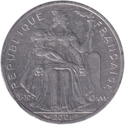 Монета 5 франков. 2001 год, Новая Каледония. Птица кагу.