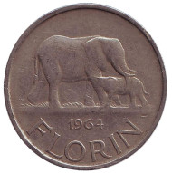 Монета 1 флорин. 1964 год, Малави. Слоны. Монета 1 флорин. 1964 год, Малави. Слоны.