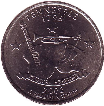 Монета 25 центов (D). 2002 год, США. Теннесси. Штат № 16.