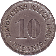 Монета 10 пфеннигов. 1908 год (F), Германская империя. Монета 10 пфеннигов. 1908 год (F), Германская империя.