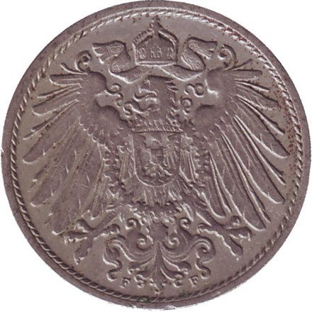 Монета 10 пфеннигов. 1908 год (F), Германская империя. Монета 10 пфеннигов. 1908 год (F), Германская империя.
