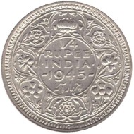 Монета 1/4 рупии. 1945 год, Индия Британская. ("•" - Бомбей, маленькая "5").