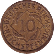 Монета 10 рейхспфеннигов. 1928 (А) год, Веймарская республика. Монета 10 рейхспфеннигов. 1928 (А) год, Веймарская республика.