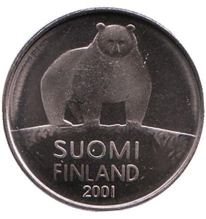Монета 50 пенни. 2001 год, Финляндия. Медведь.