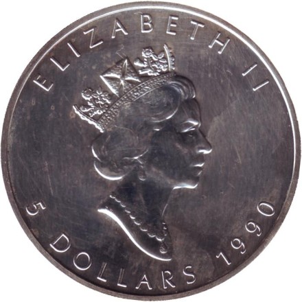 Монета 5 долларов. 1990 год, Канада. Кленовый лист.
