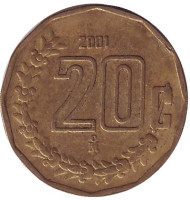 Монета 20 сентаво. 2001 год, Мексика. Монета 20 сентаво. 2001 год, Мексика.