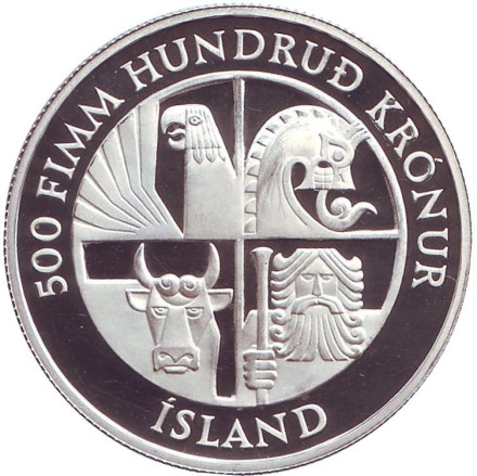 Монета 500 крон. 1974 год, Исландия. 1100 лет первым поселенцам. (Пруф).