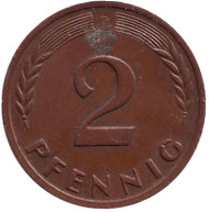 Монета 2 пфеннига. 1960 год (D), ФРГ. Дубовые листья. Монета 2 пфеннига. 1960 год (D), ФРГ. Дубовые листья.