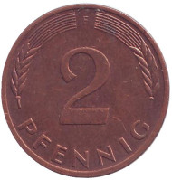 Монета 2 пфеннига. 1982 год (F), ФРГ. Дубовые листья. Монета 2 пфеннига. 1982 год (F), ФРГ. Дубовые листья.