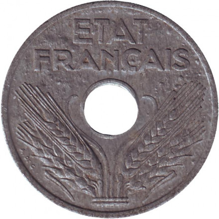 Монета 20 сантимов. 1943 год, Франция. Тип 2. Вес 3 гр.