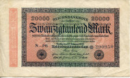 Рейхсбанкнота 20,000 марок. 1923 год, Веймарская республика. Рейхсбанкнота 20,000 марок. 1923 год, Веймарская республика.