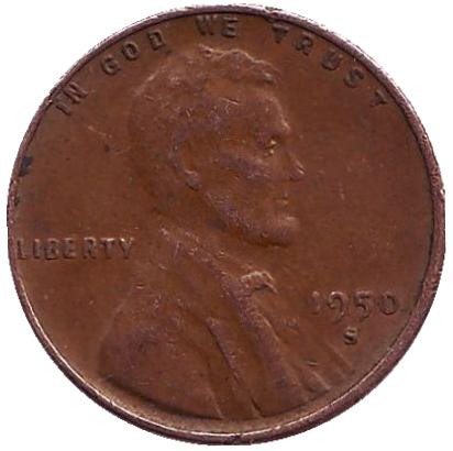 Монета 1 цент. 1950 год (S), США. Линкольн.