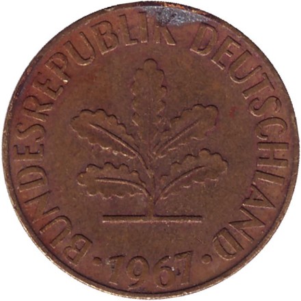 Монета 5 пфеннигов. 1967 год (D), ФРГ. Дубовые листья. Монета 5 пфеннигов. 1967 год (D), ФРГ. Дубовые листья.