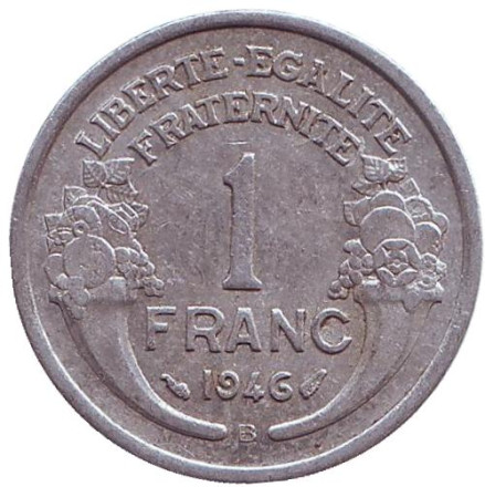 Монета 1 франк. 1946 (B) год, Франция.
