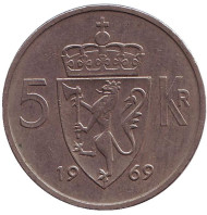 Монета 5 крон. 1969 год, Норвегия.