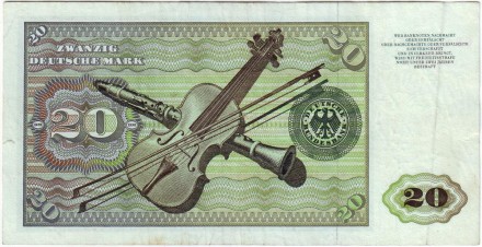 Банкнота 20 марок. 1970 год, ФРГ. Эльсбет Тухер. Скрипка, кларнет. Банкнота 20 марок. 1970 год, ФРГ. Эльсбет Тухер. Скрипка, кларнет.