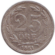 Монета 25 эре. 1881 год, Швеция. Монета 25 эре. 1881 год, Швеция.