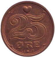 Монета 25 эре. 1992 год, Дания. Монета 25 эре. 1992 год, Дания.