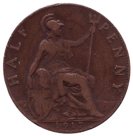 Монета 1/2 пенни. 1917 год, Великобритания.