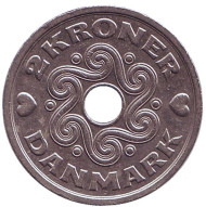 Монета 2 кроны. 1995 год, Дания. Монета 2 кроны. 1995 год, Дания.
