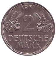 Монета 2 марки. 1951 год (D), ФРГ. Монета 2 марки. 1951 год (D), ФРГ.