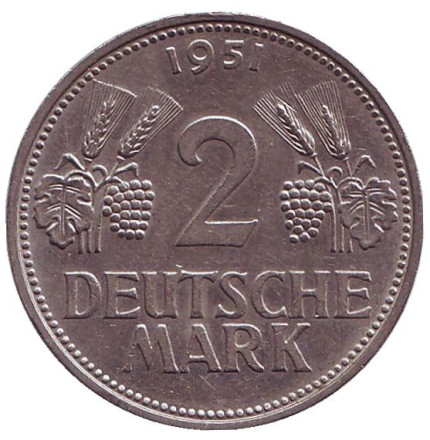 Монета 2 марки. 1951 год (D), ФРГ.