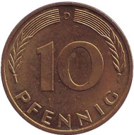 Монета 10 пфеннигов. 1990 год (D), ФРГ. Дубовые листья. Монета 10 пфеннигов. 1990 год (D), ФРГ. Дубовые листья.