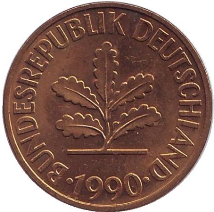 Монета 10 пфеннигов. 1990 год (D), ФРГ. Дубовые листья. Монета 10 пфеннигов. 1990 год (D), ФРГ. Дубовые листья.