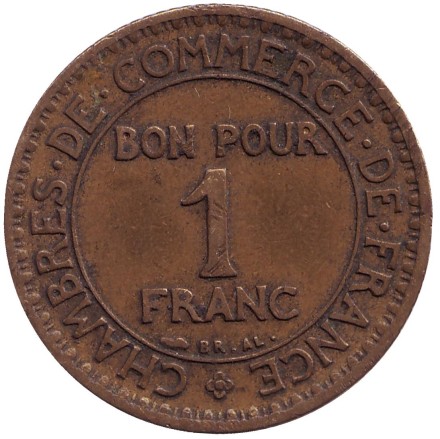 Монета 1 франк. 1924 год, Франция. (Закрытая "4")