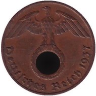 Монета 1 рейхспфенниг. 1937 год, Германия (Третий Рейх). (F). Монета 1 рейхспфенниг. 1937 год, Германия (Третий Рейх). (F).
