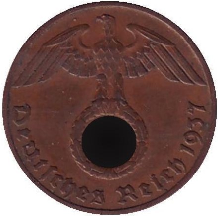 Монета 1 рейхспфенниг. 1937 год, Германия (Третий Рейх). (F). Монета 1 рейхспфенниг. 1937 год, Германия (Третий Рейх). (F).