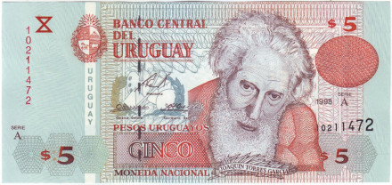 Банкнота 5 песо. 1998 год, Уругвай. Хоакин Торрес-Гарсия.