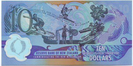 Банкнота 10 долларов. 2000 год, Новая Зеландия. Миллениум. Банкнота 10 долларов. 2000 год, Новая Зеландия. Миллениум.