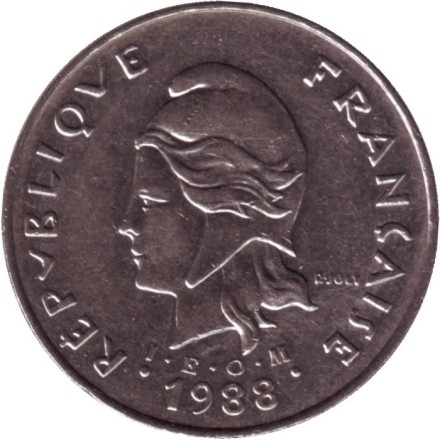 Монета 50 франков. 1988 год, Французская Полинезия. Скалистый остров Муреа.