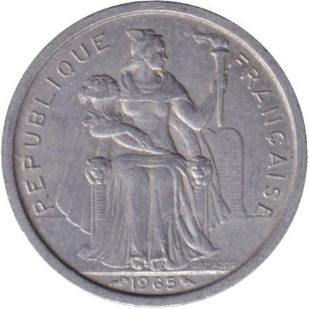 Монета 2 франка. 1965 год, Французская Полинезия.